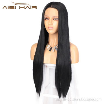 Aisi Hair Wholesale Long Silky Straight Black Wig Middle Part Swiss Lace Wig Synthetic Hair Front Lace Wigs For Black Women